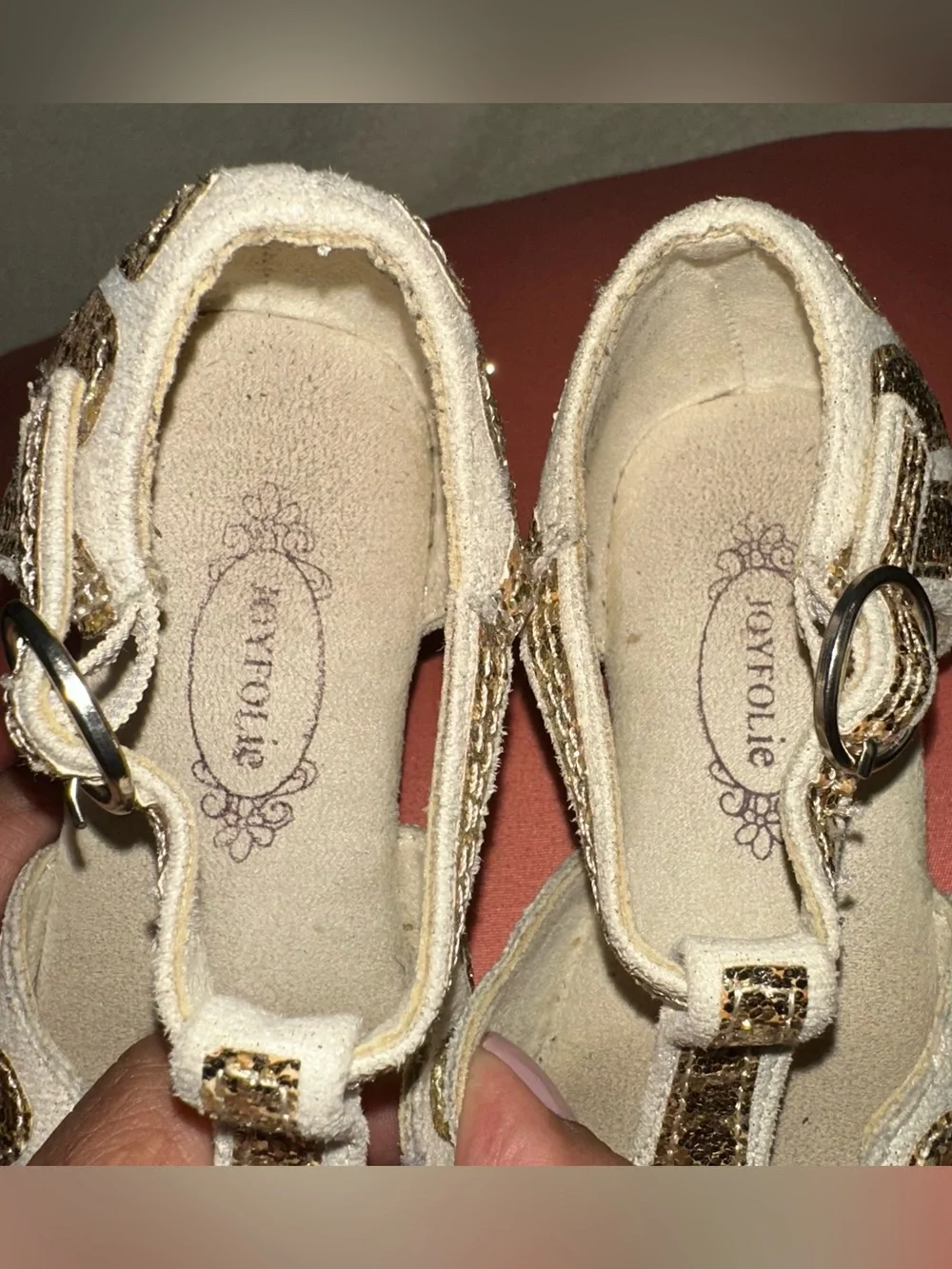 Joyfolie Gold Glitter Mari Flat Sandals Rhinestone Flower Girl Dress Shoe 9T